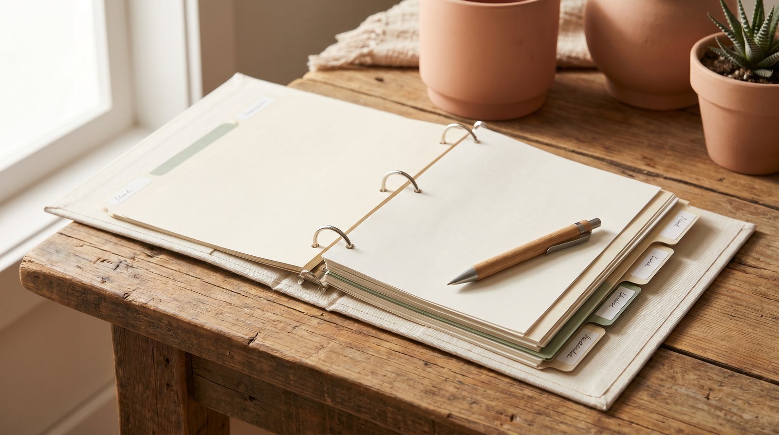 An open binder with labeled tab dividers and a pen on a wooden desk.
