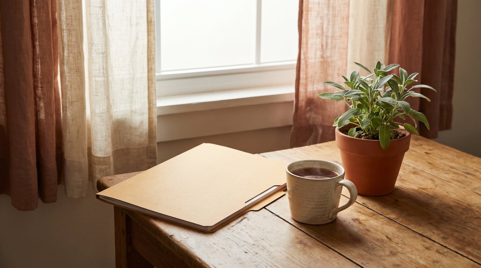 A closed folder and a warm mug of tea on a kitchen table by a window.