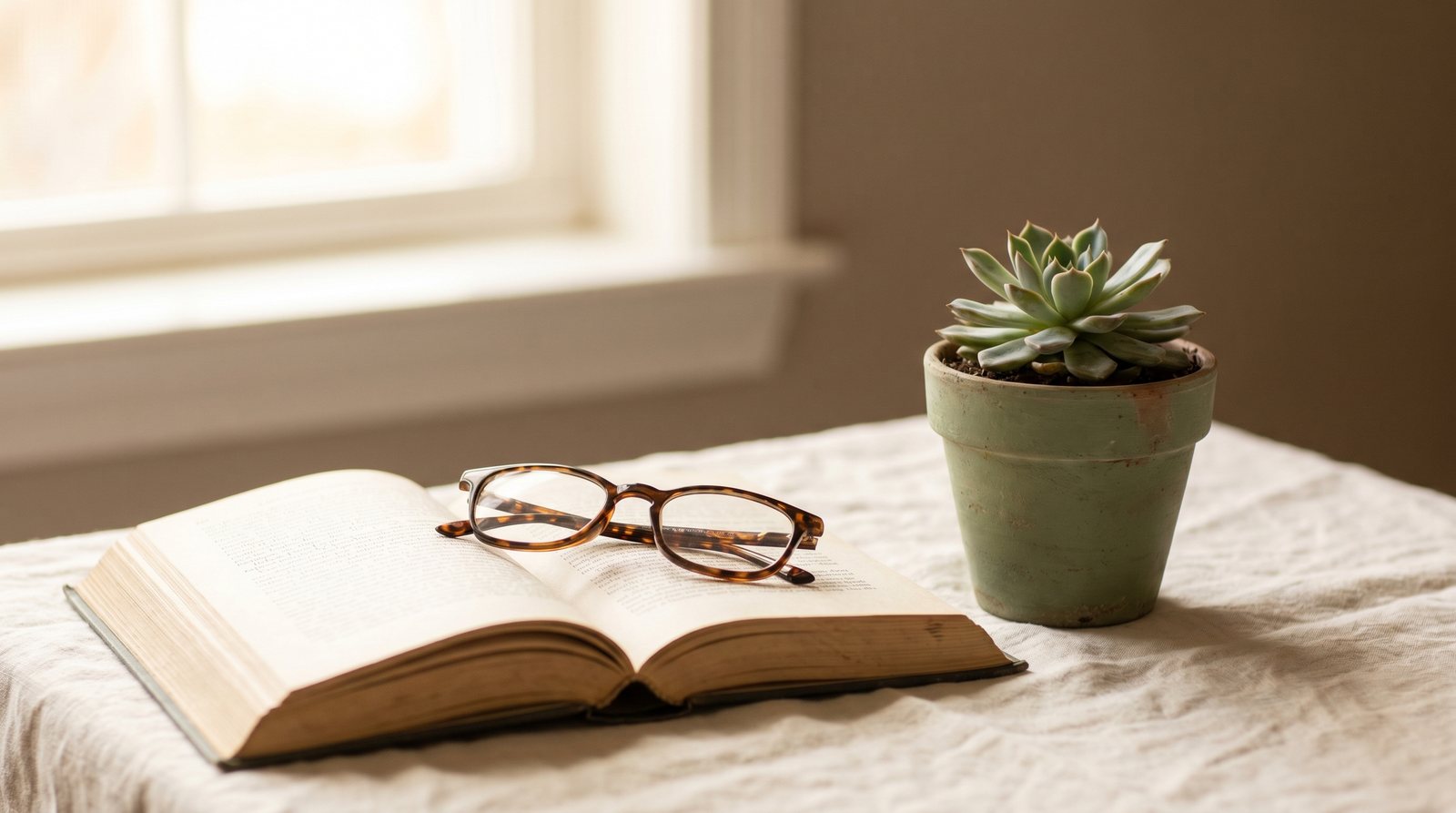 An open book with reading glasses resting on the pages beside a small plant in soft light.