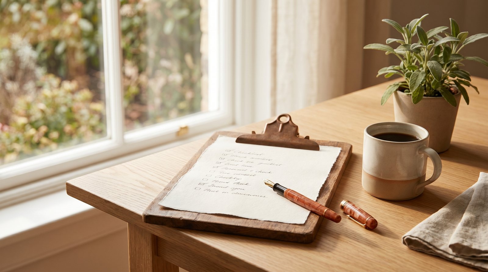 A printed checklist on a clipboard with a pen and a cup of coffee by a window.