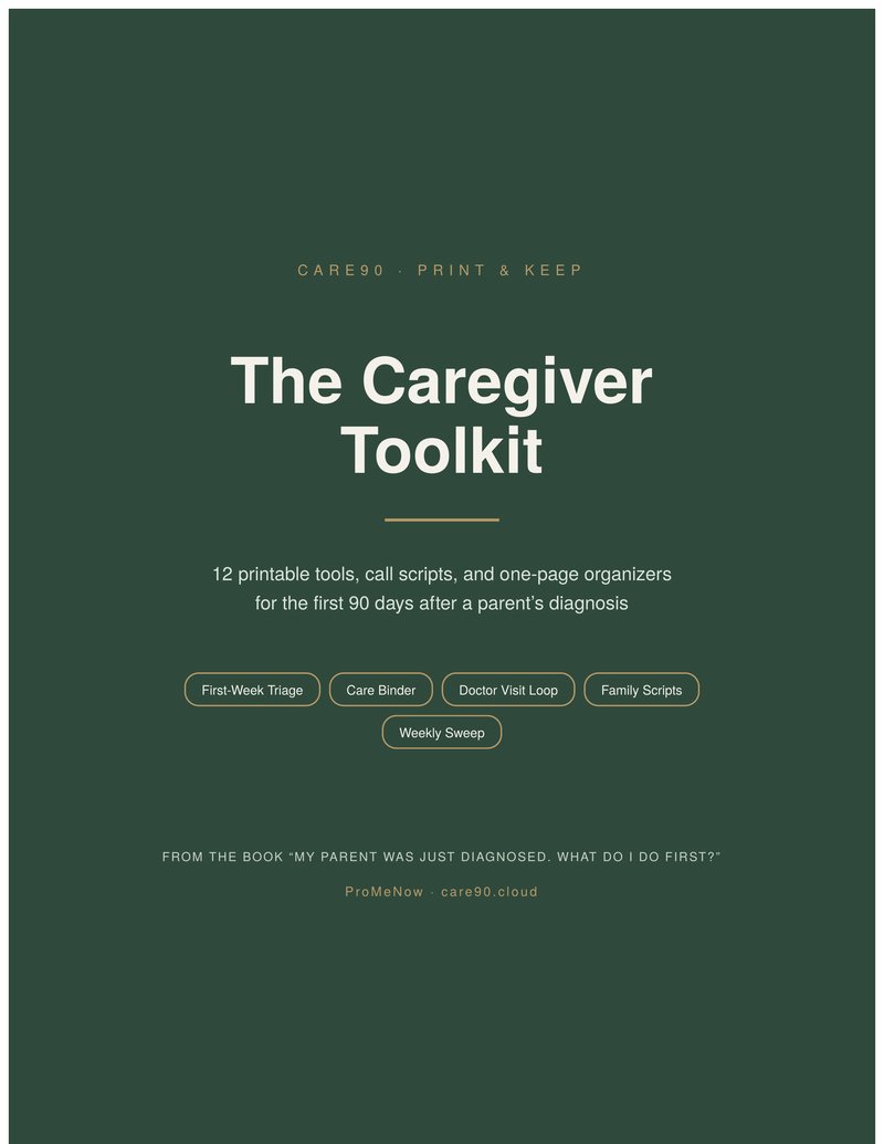 The Caregiver Toolkit cover — 12 printable tools, call scripts, and one-page organizers